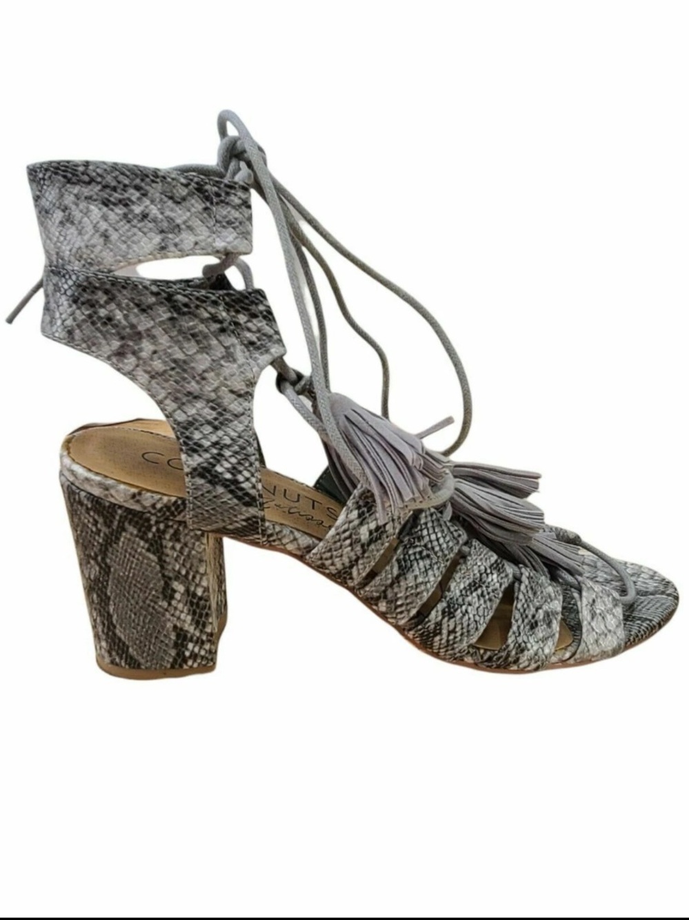 Matisse Gray Snake-Print Tassel Lace-Up Block Heel Sandal